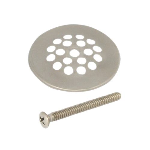 Brushed nickel round shower drain strainer with multiple holes and matching screw for home improvement projects