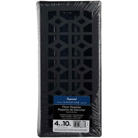 Black iron steel floor register with decorative Templar pattern, durable metal for Plumbing and Home Improvement under $50 projects