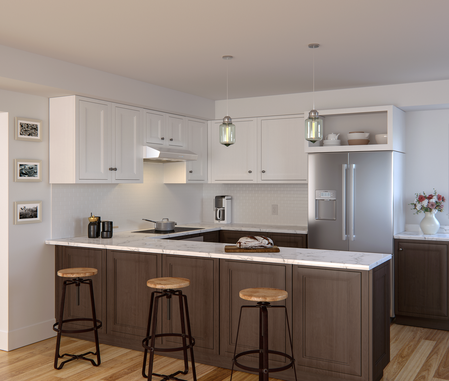 Modern kitchen interior featuring a 30-inch stainless steel under cabinet range hood with LED lighting, integrated into a stylish space with wood and white cabinetry, part of Under Cabinet Range Hoods, Range Hoods, Kitchen & Kitchenware, All Products, and Appliances collections.
