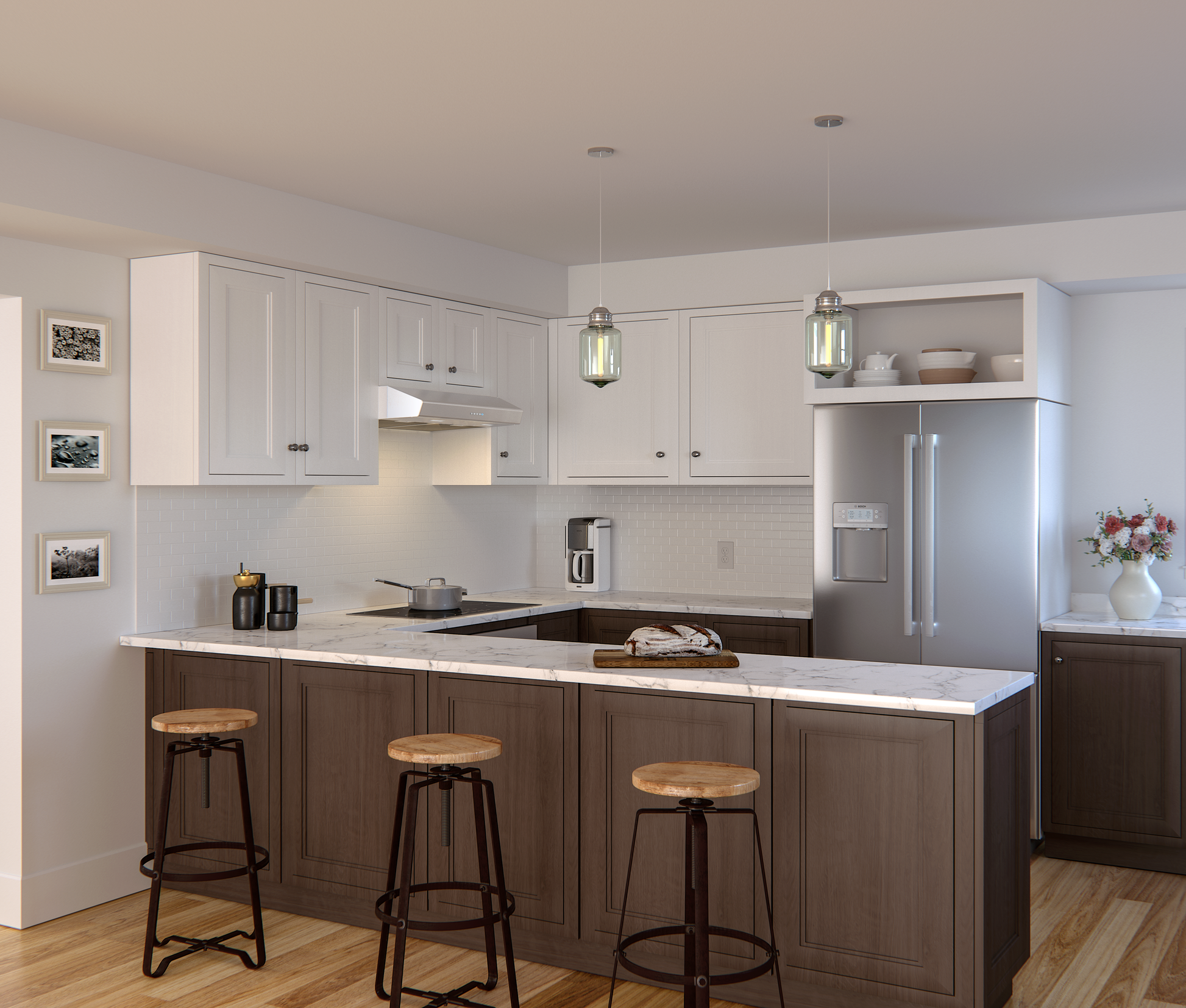 Modern kitchen interior featuring a 30-inch stainless steel under cabinet range hood with LED lighting, integrated into a stylish space with wood and white cabinetry, part of Under Cabinet Range Hoods, Range Hoods, Kitchen & Kitchenware, All Products, and Appliances collections.