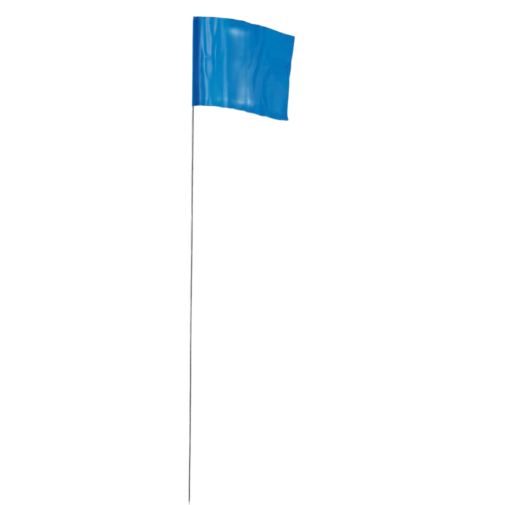Bright blue stake flag attached to metal rod for marking boundaries in home improvement and woodworking tasks