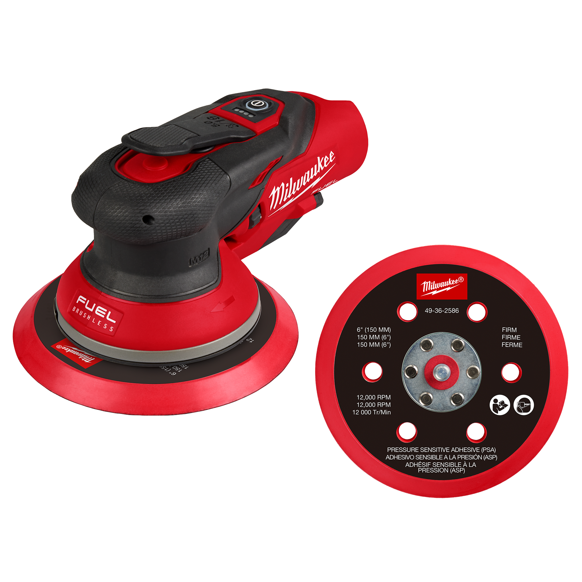 Red and black cordless random orbital sander with ergonomic grip and replacement sanding pad for tools and home improvement tasks