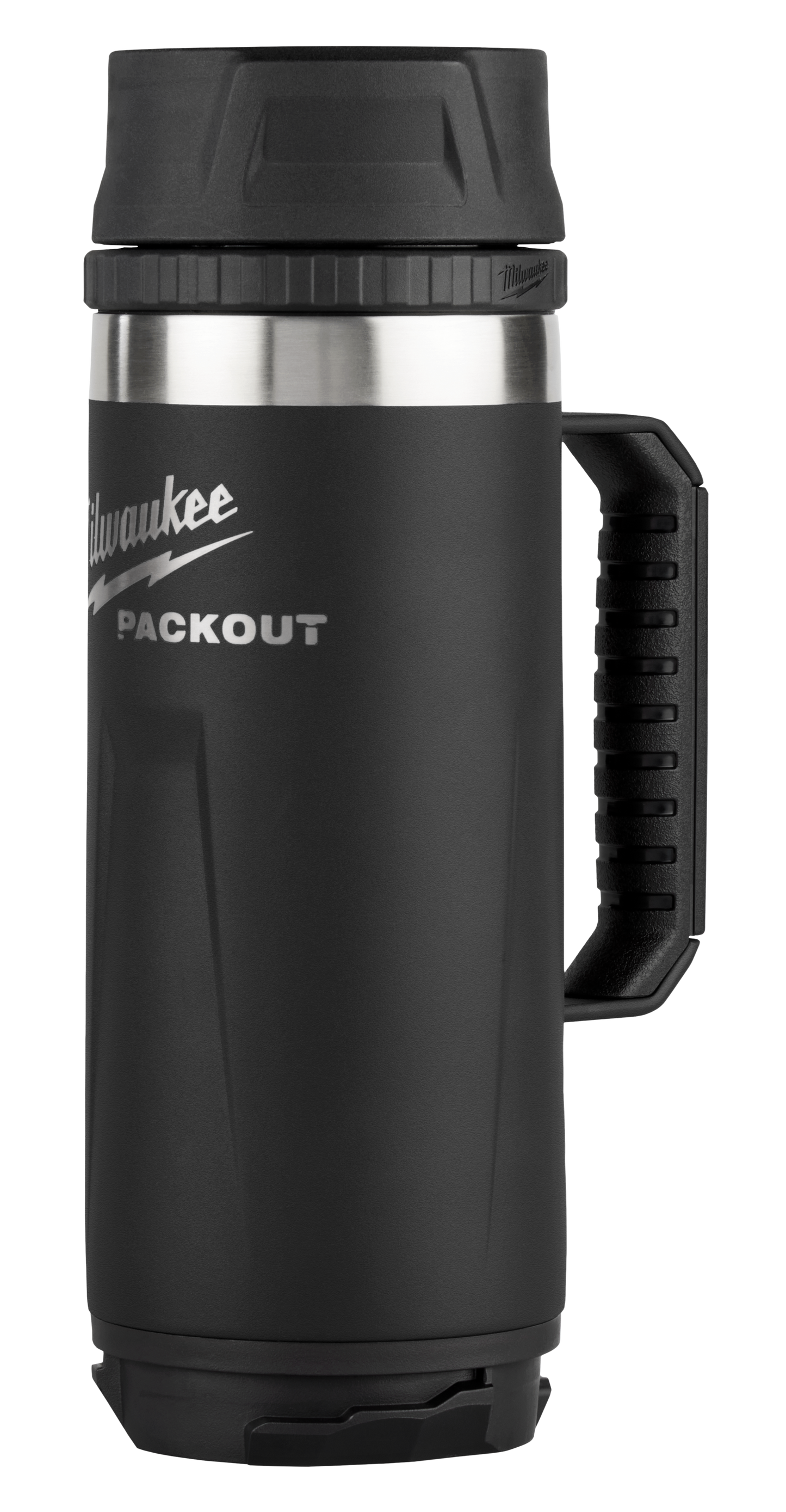 Black insulated travel mug with sturdy handle and sip lid designed for tool accessories and drinkware collections
