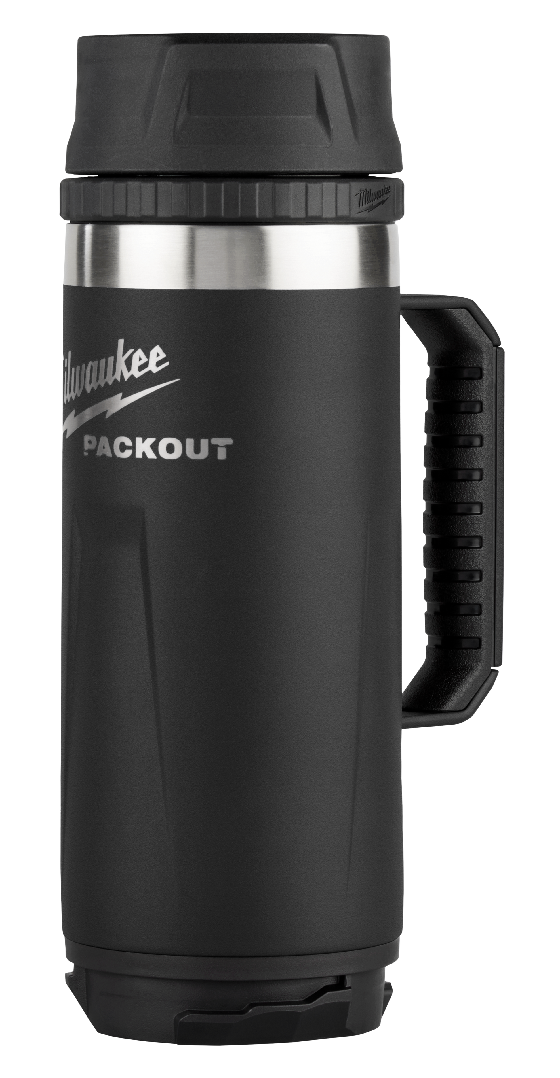 Black insulated travel mug with sturdy handle and sip lid designed for tool accessories and drinkware collections