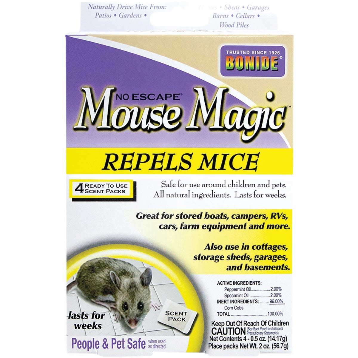 Package of repellent granules designed to naturally deter mice around homes and outdoor spaces