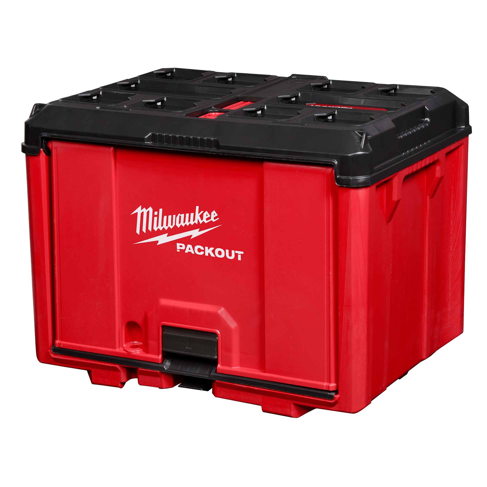 Red and black Milwaukee PACKOUT storage cabinet made of impact-resistant polymer for tool organization and jobsite storage