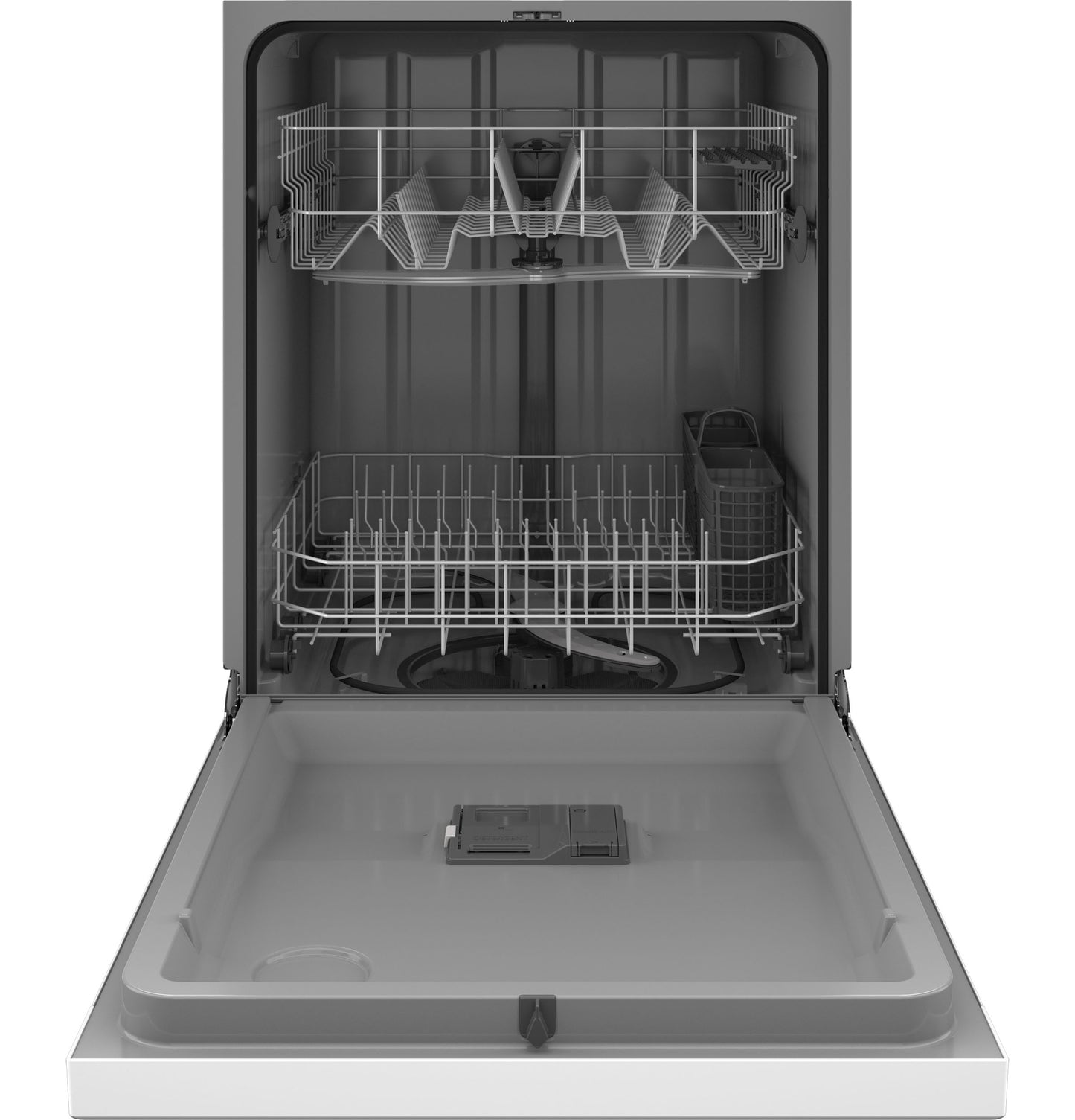 Open GE ENERGY STAR dishwasher with front control showing upper and lower racks and utensil basket inside