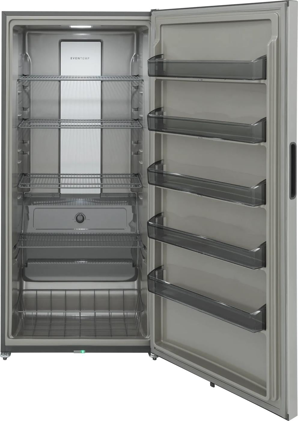 Open silver upright freezer with multiple wire shelves and five clear door bins, ideal for Freezers & Ice Makers, Upright Freezers, Kitchen & Kitchenware, and Appliances collections.