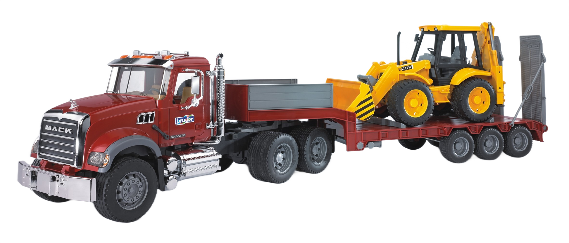 Detailed red Mack toy truck with lowboy trailer carrying a yellow JCB backhoe loader for construction play