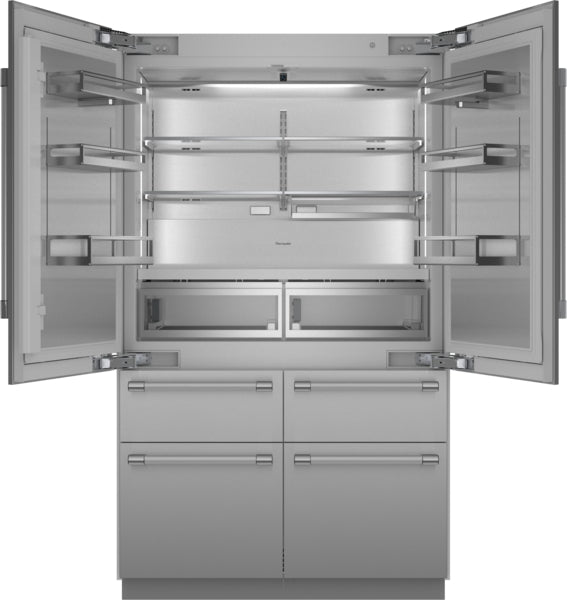 Open stainless steel built-in French door bottom freezer refrigerator with adjustable shelves and dual crispers in professional kitchen appliances collection