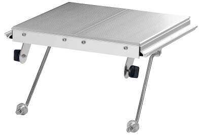 Silver metal router table outfeed extension with adjustable support arms for woodworking tool accessories and projects