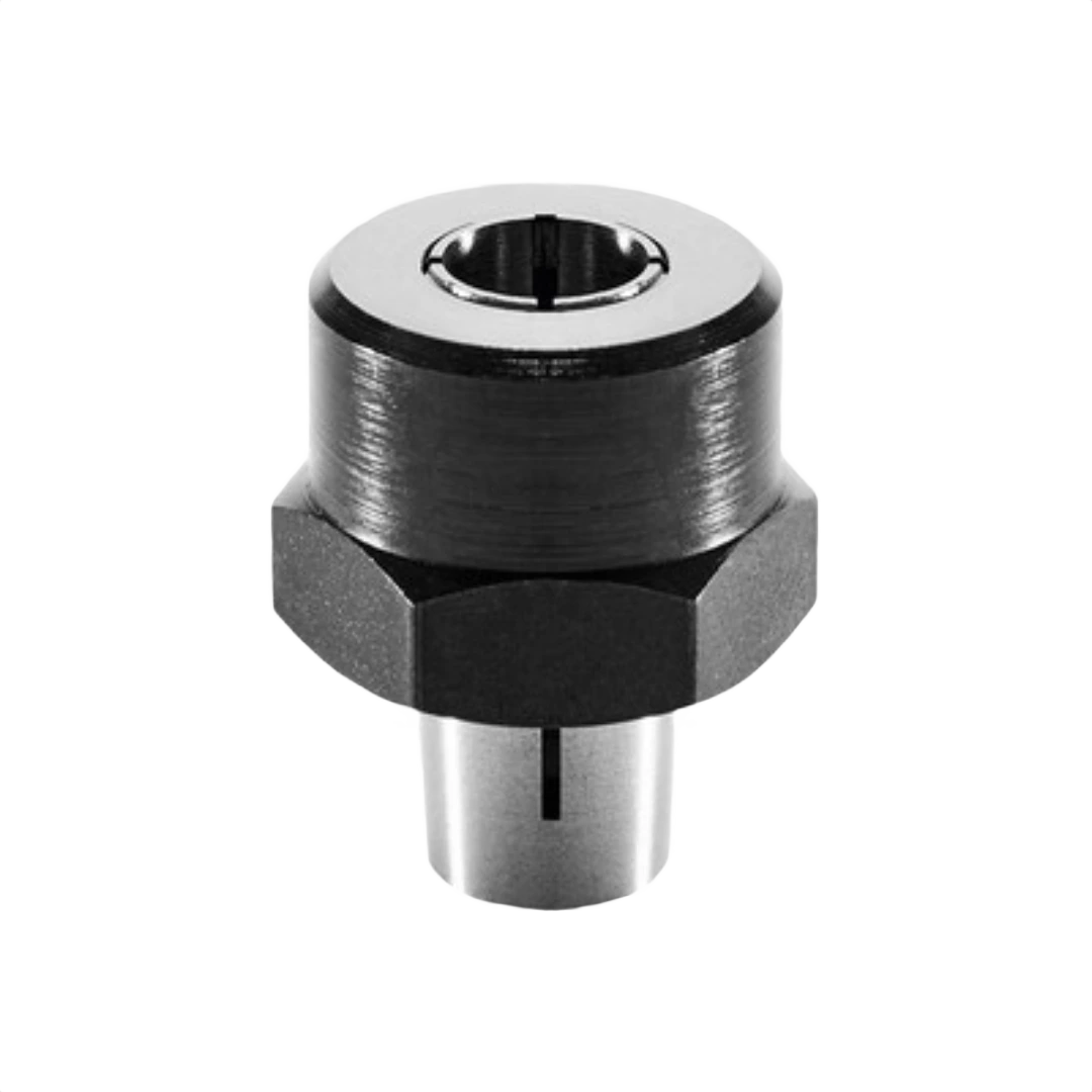 Black and silver router collet with hex nut for 1/4 inch bits in woodworking and power tool accessories collections