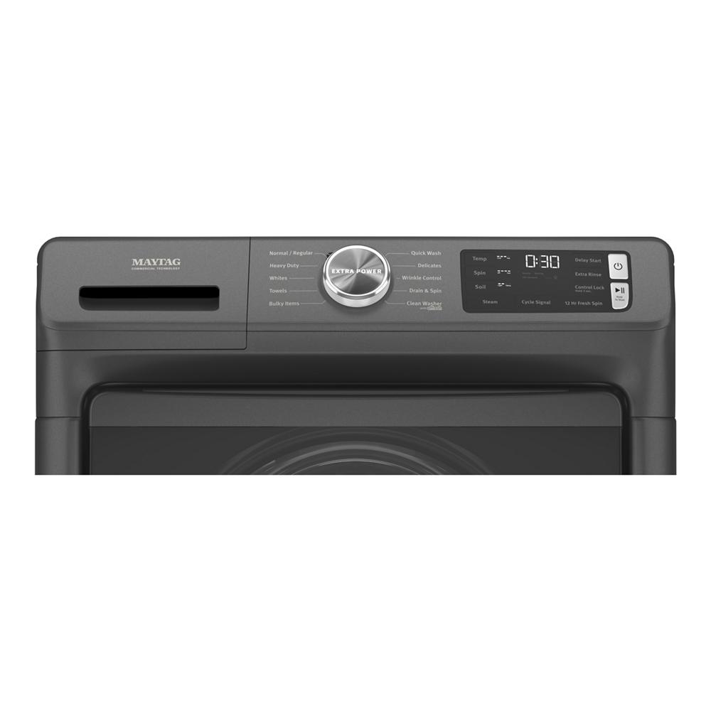 Control panel of dark finish front load washer featuring Extra Power and 12-Hr Fresh Spin options for washers collection