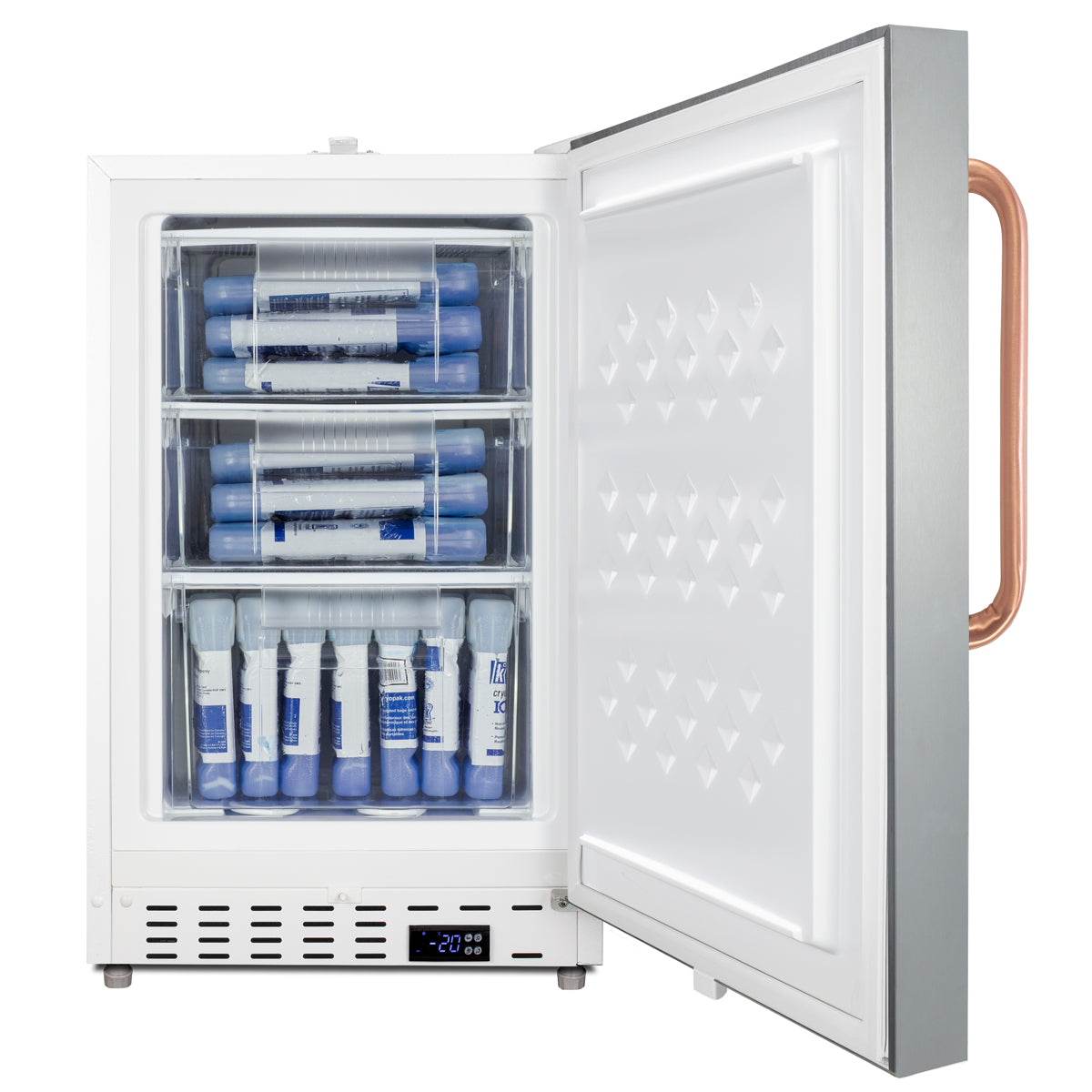 Open white built-in undercounter freezer with clear drawers storing vaccine vials, digital temperature display visible