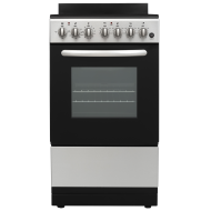 Front view of a stainless steel 20-inch electric range with black oven door and control knobs in kitchen appliances collection