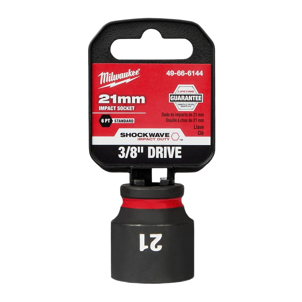 21-mm 6 point impact socket with 3/8" drive for Milwaukee hand tools, ideal for woodworking and home improvement.