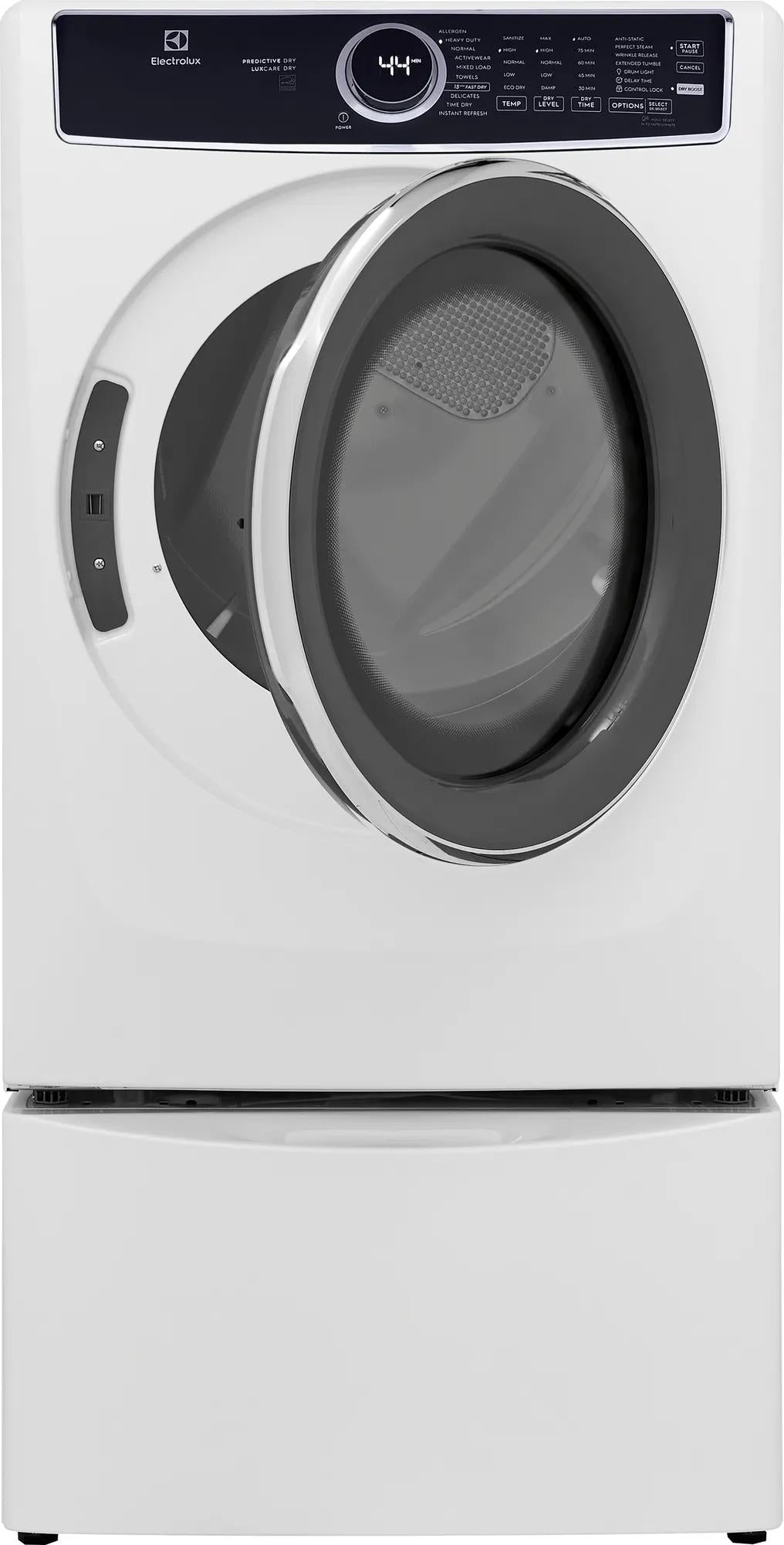 White front load gas dryer with large circular door and digital display panel in Dryers, Appliances, and Washers & Dryers collections