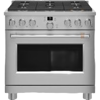 Stainless steel commercial-style gas range with six burners and digital control panel in kitchen appliances collections