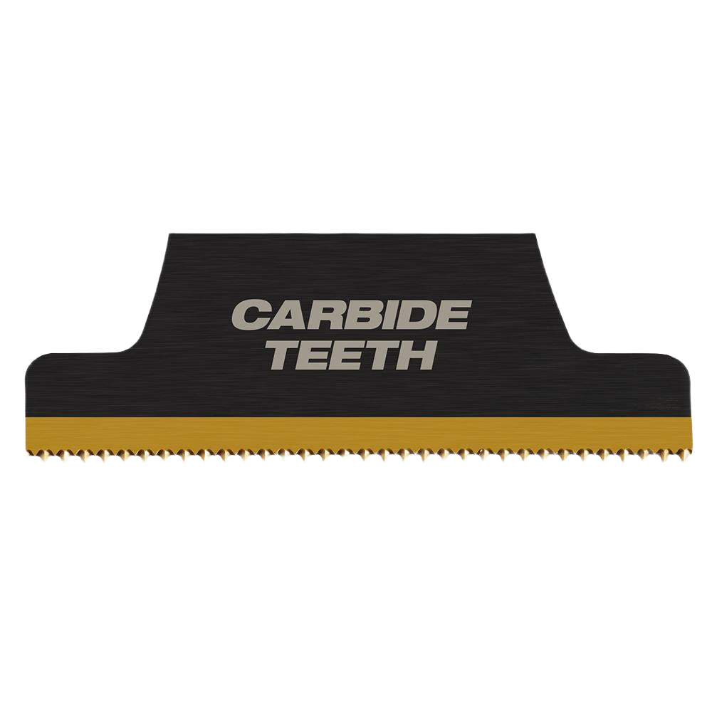 Black multi-tool blade with carbide teeth designed for cutting extreme materials in tools and home improvement tasks