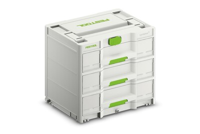 Gray and green Festool tool storage unit with multiple drawers for workshop organization and woodworking tools