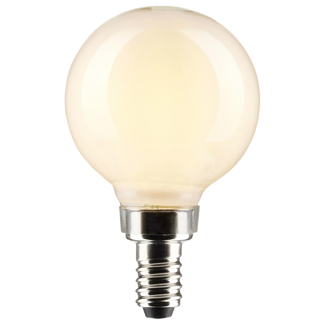 White globe-shaped LED light bulb with candelabra base for lighting and home improvement projects under $50