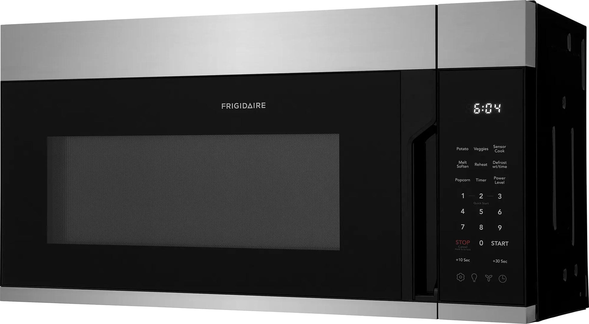 Stainless steel over-the-range microwave with digital control panel and pocket handle in kitchen appliance setting