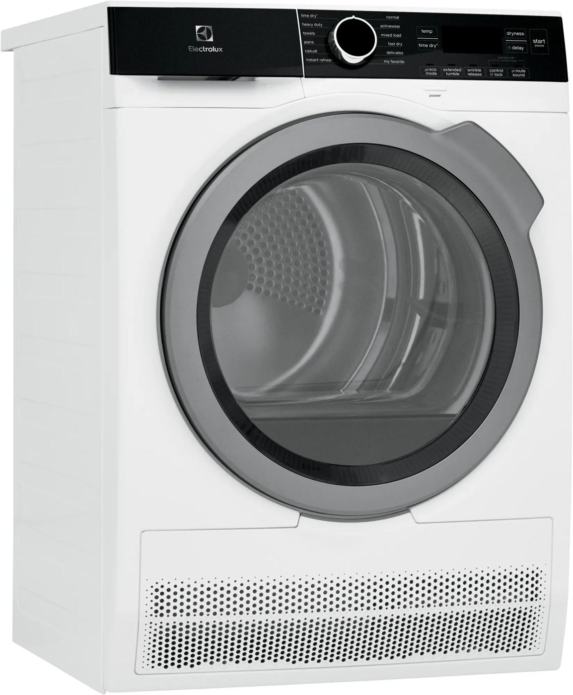White front load compact ventless dryer with digital controls and circular glass door from dryers and appliances collection