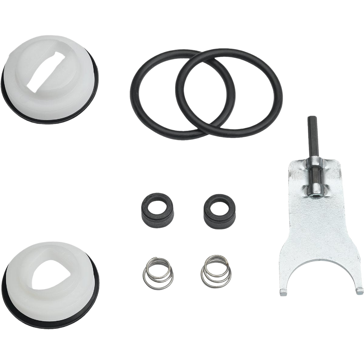 Metal tool and white plastic parts with rubber rings and springs for single handle faucet repair kit