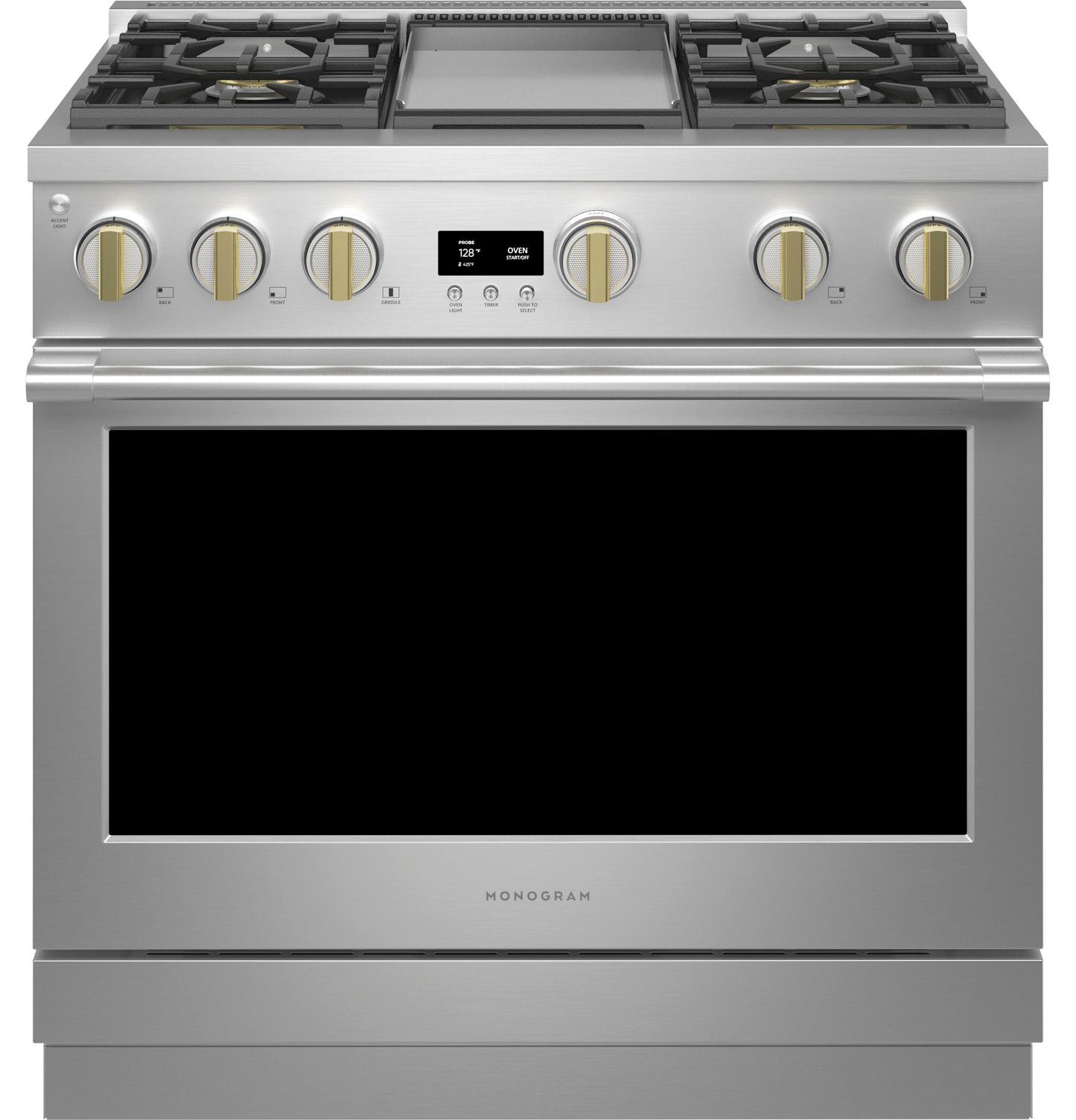 Stainless steel professional gas range with four burners, central griddle, and digital control display in Ranges collection