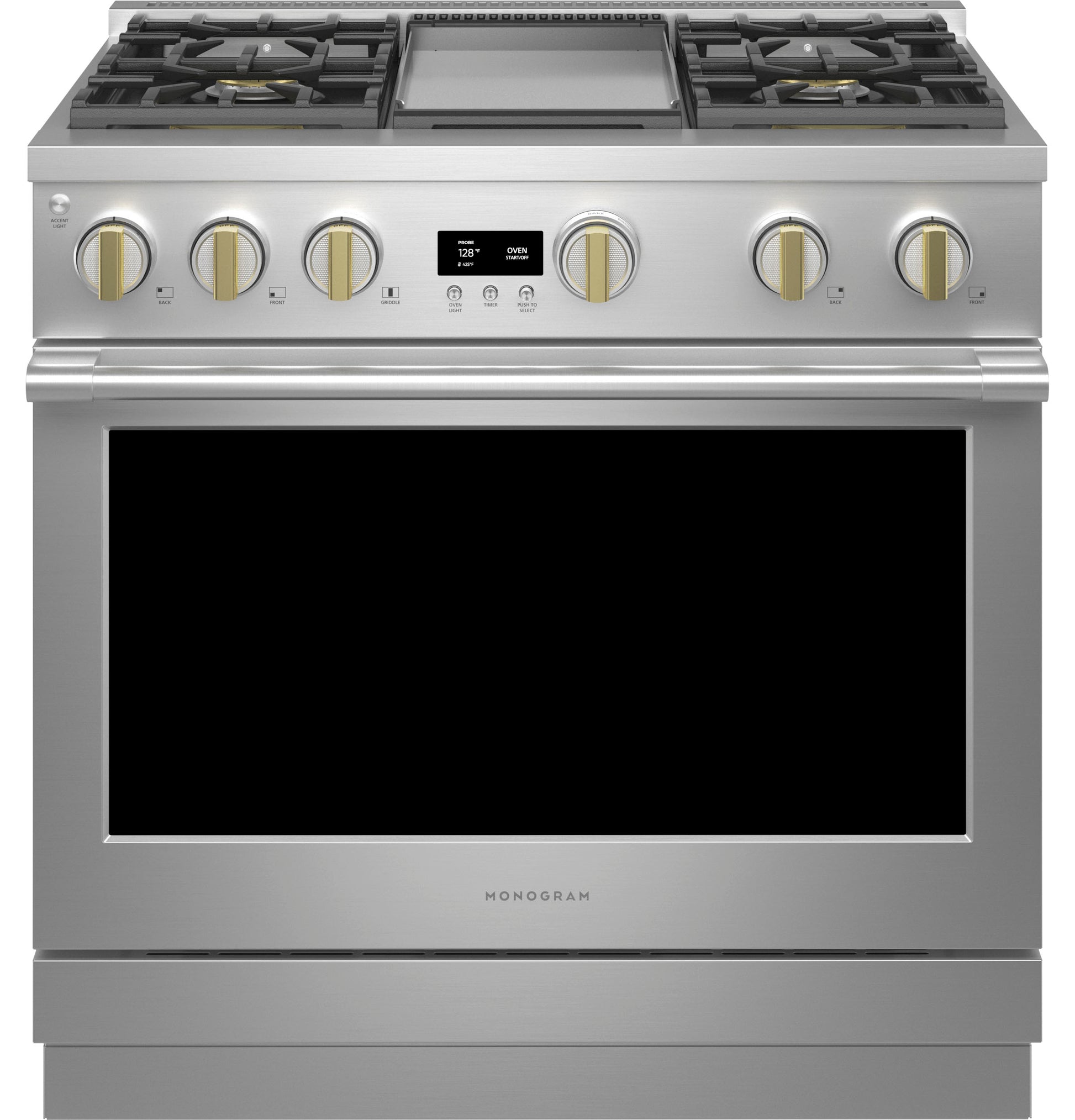 Stainless steel professional gas range with four burners, central griddle, and digital control display in Ranges collection