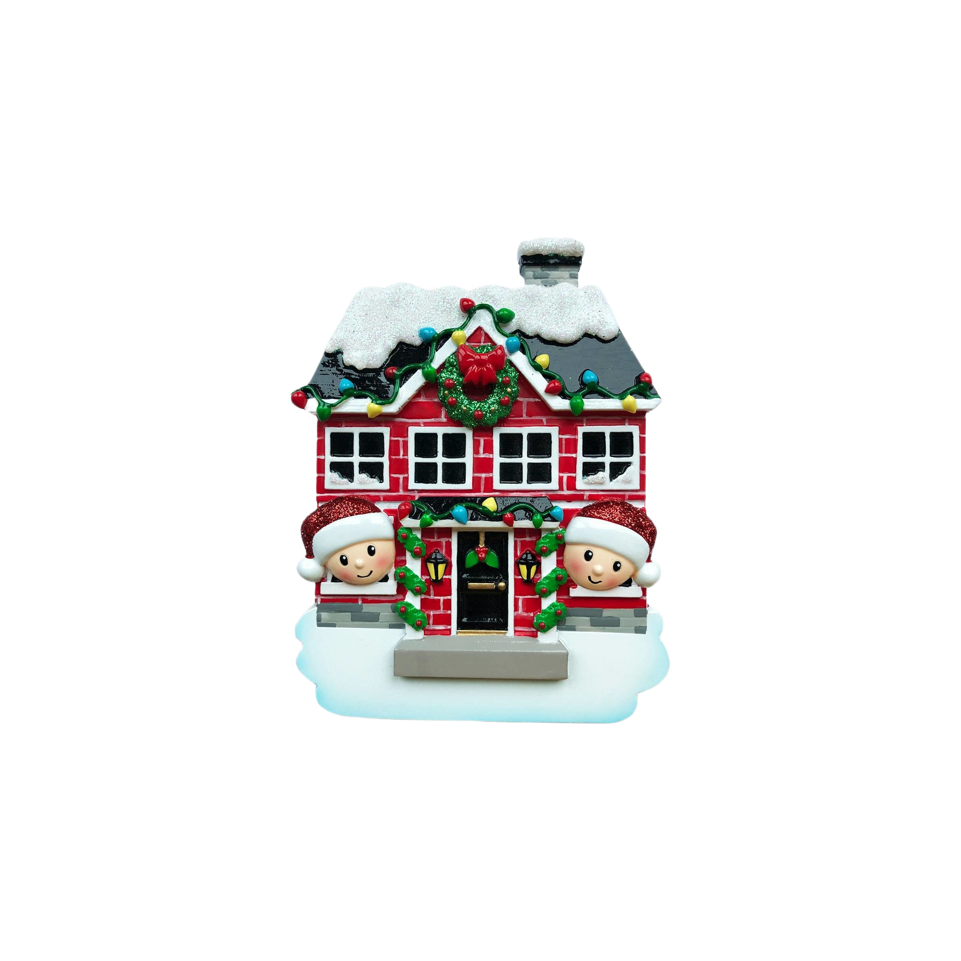 Red brick new house ornament with two smiling figures in Santa hats for Christmas Ornaments & Tree Decorations collection
