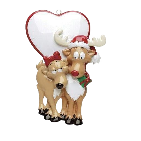 Festive reindeer couple ornament with Santa hat and heart background for Christmas Ornaments & Tree Decorations collection under $50