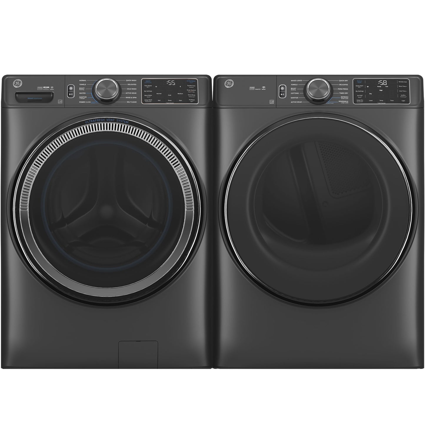 Pair of smart front load washer and gas dryer in dark finish with digital controls from Dryers and Washers & Dryers collections