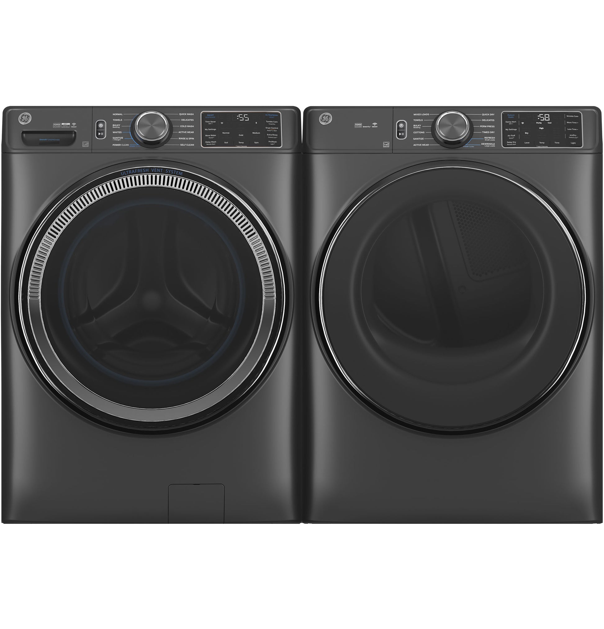Pair of smart front load washer and gas dryer in dark finish with digital controls from Dryers and Washers & Dryers collections