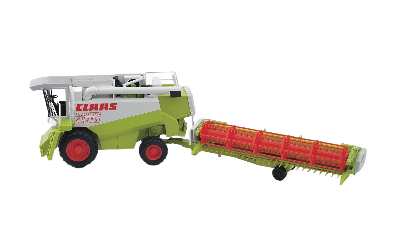 Detailed green and white toy combine with large red cutting header for farm-themed play and collecting