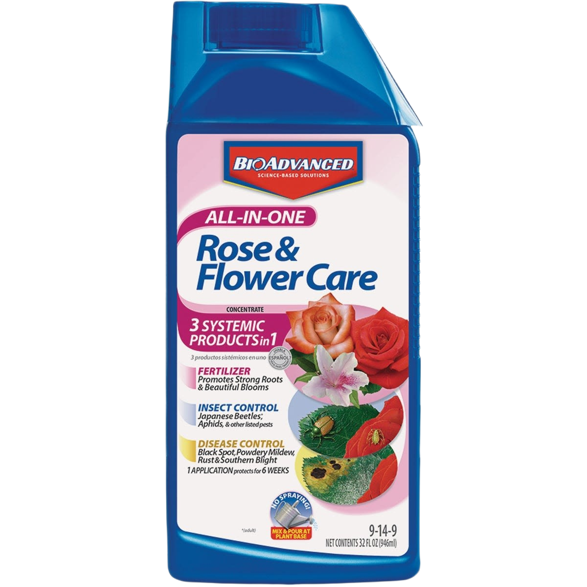 Blue bottle of rose and flower care concentrate with insect and disease control for outdoor plant and garden care collections