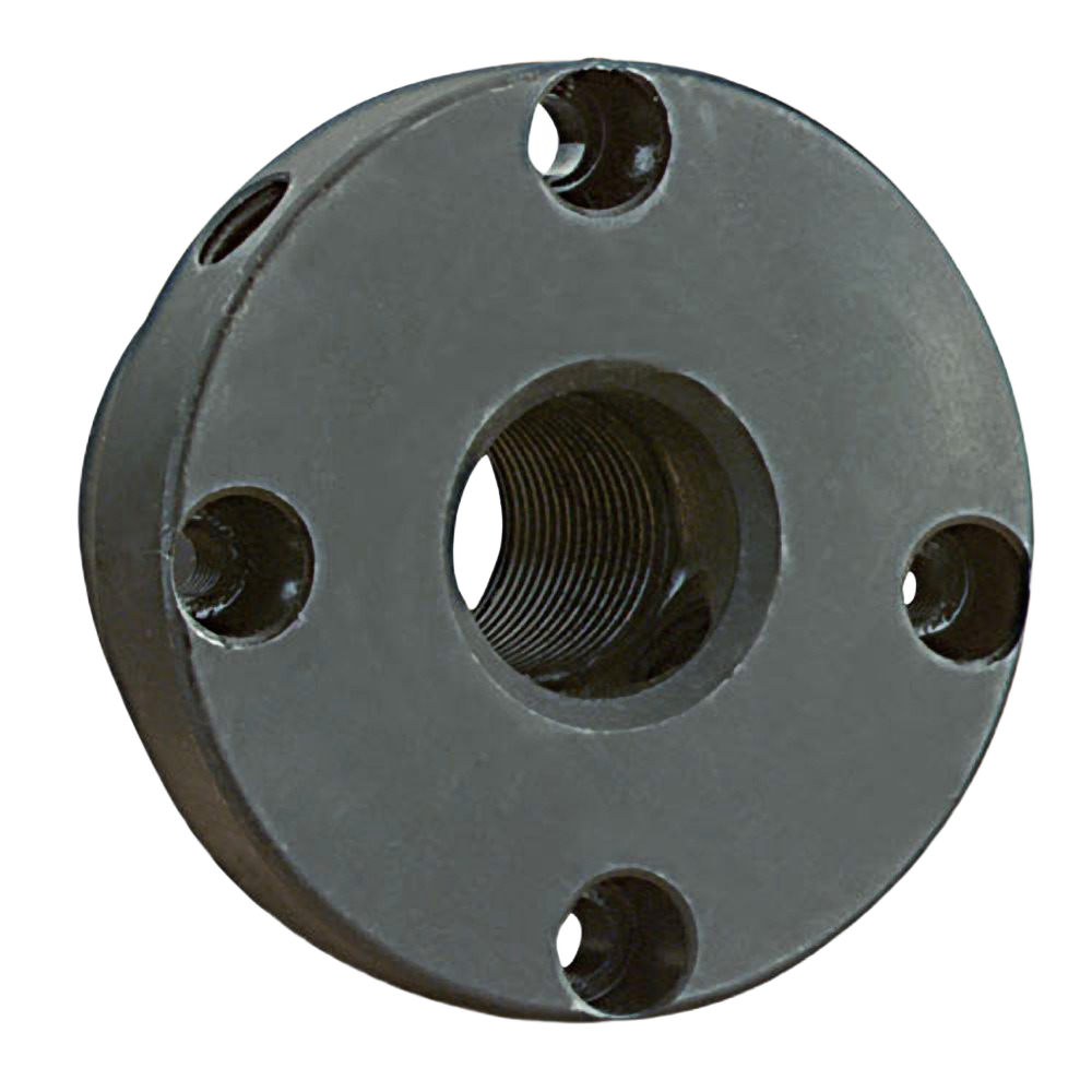 Black metal taper lock adapter with threaded center hole and four mounting holes for woodworking tool setups