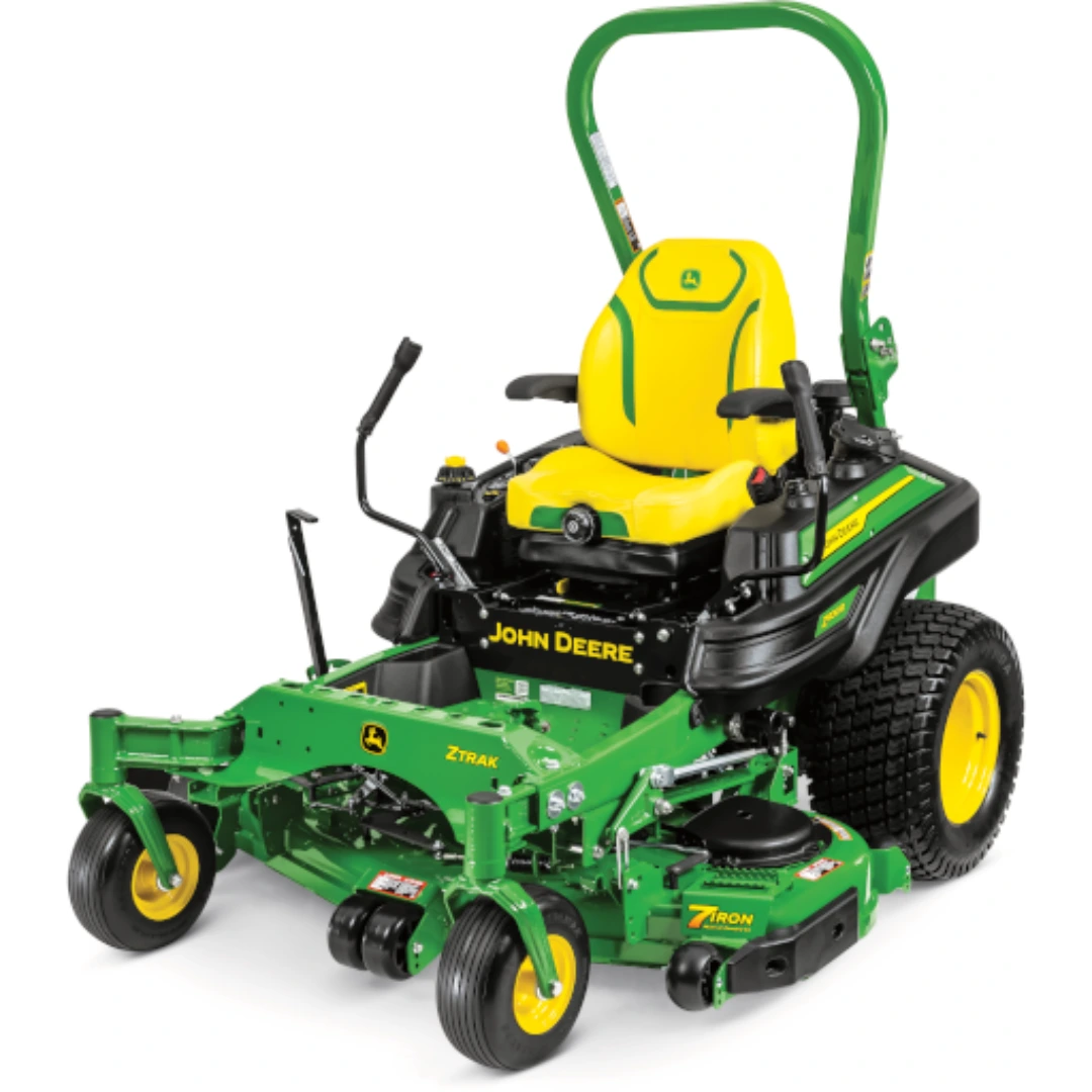 Green and yellow zero-turn lawn mower with 54-inch mulch deck and robust tires for efficient yard maintenance