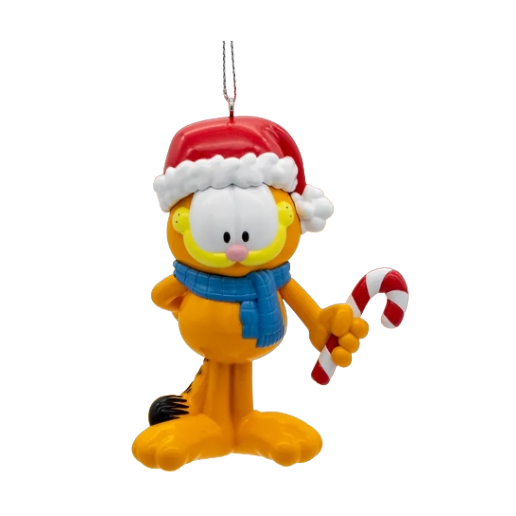 Orange Garfield ornament wearing red Santa hat and blue scarf holding candy cane for Christmas decoration collection