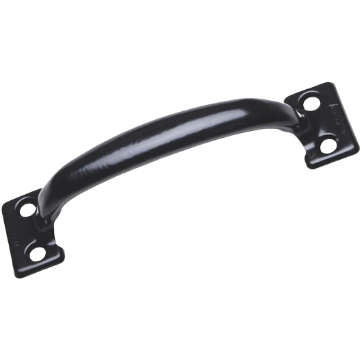 Black steel utility door pull with curved grip and mounting holes for hardware and home improvement projects under $50