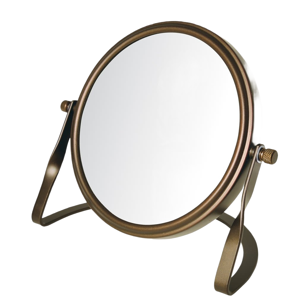 Round bronze finish tabletop mirror with adjustable tilt stand for home improvement or personal grooming use