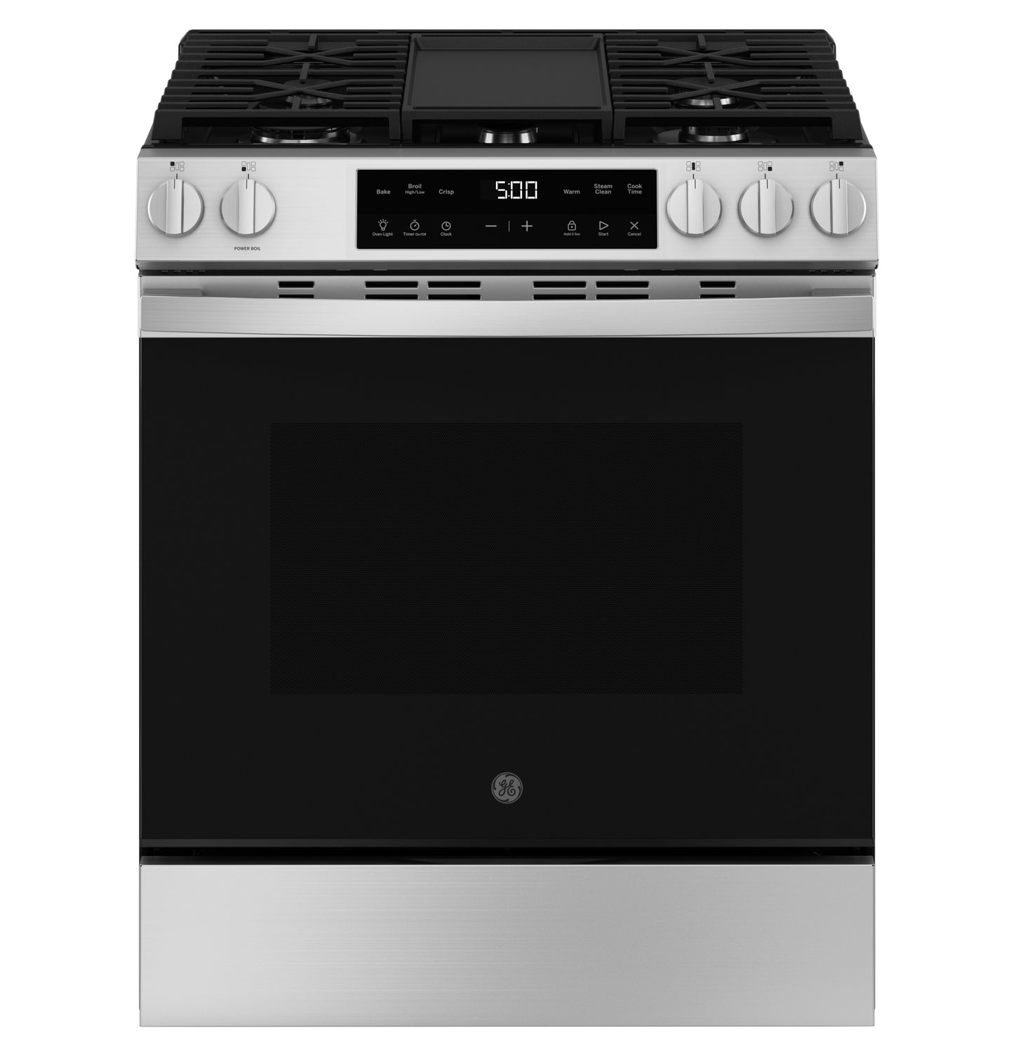 Stainless steel slide-in gas range with front control panel and digital display in Ranges and Gas Ranges collections