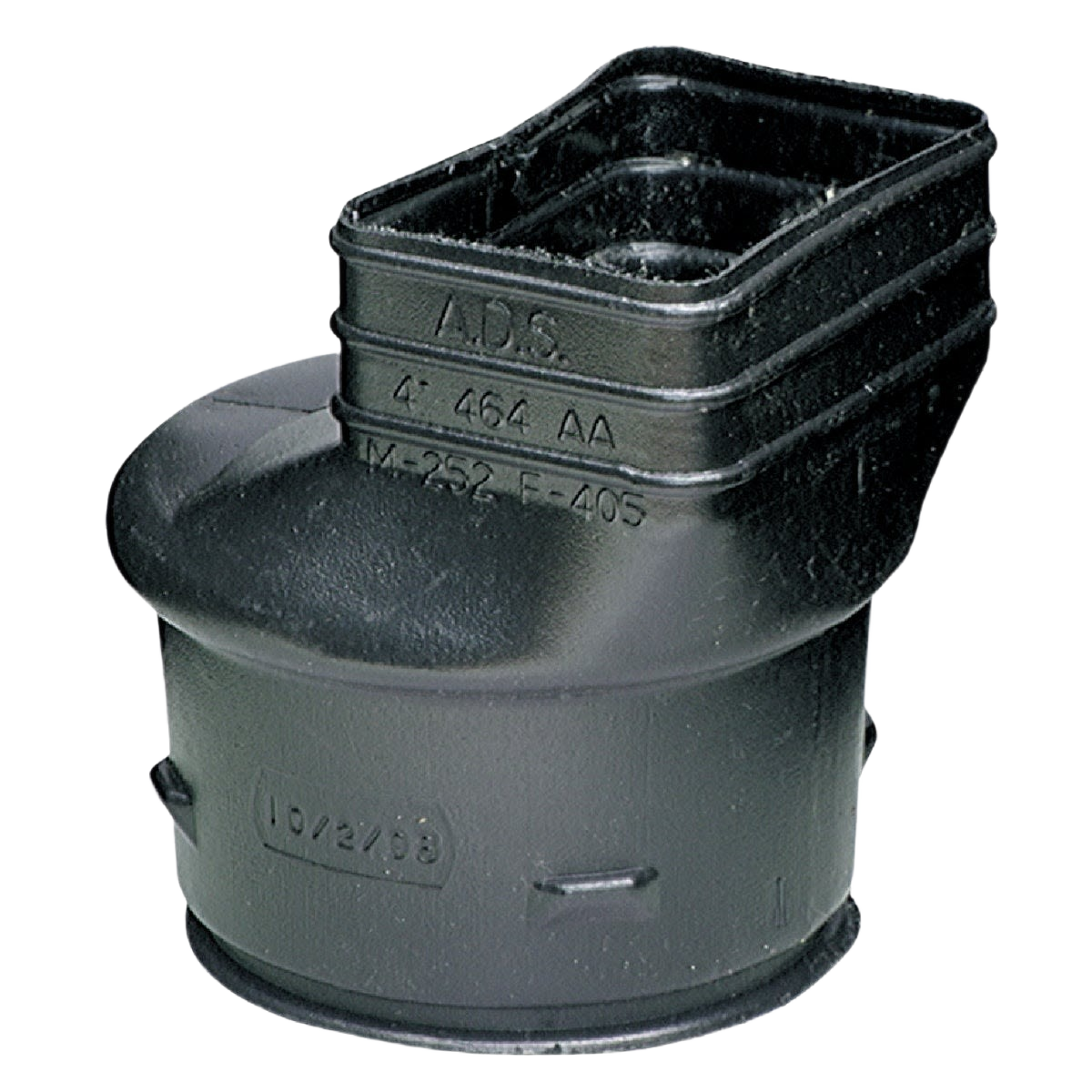 Black plastic elbow adapter for corrugated pipe and downspout connections in plumbing and gutters collections