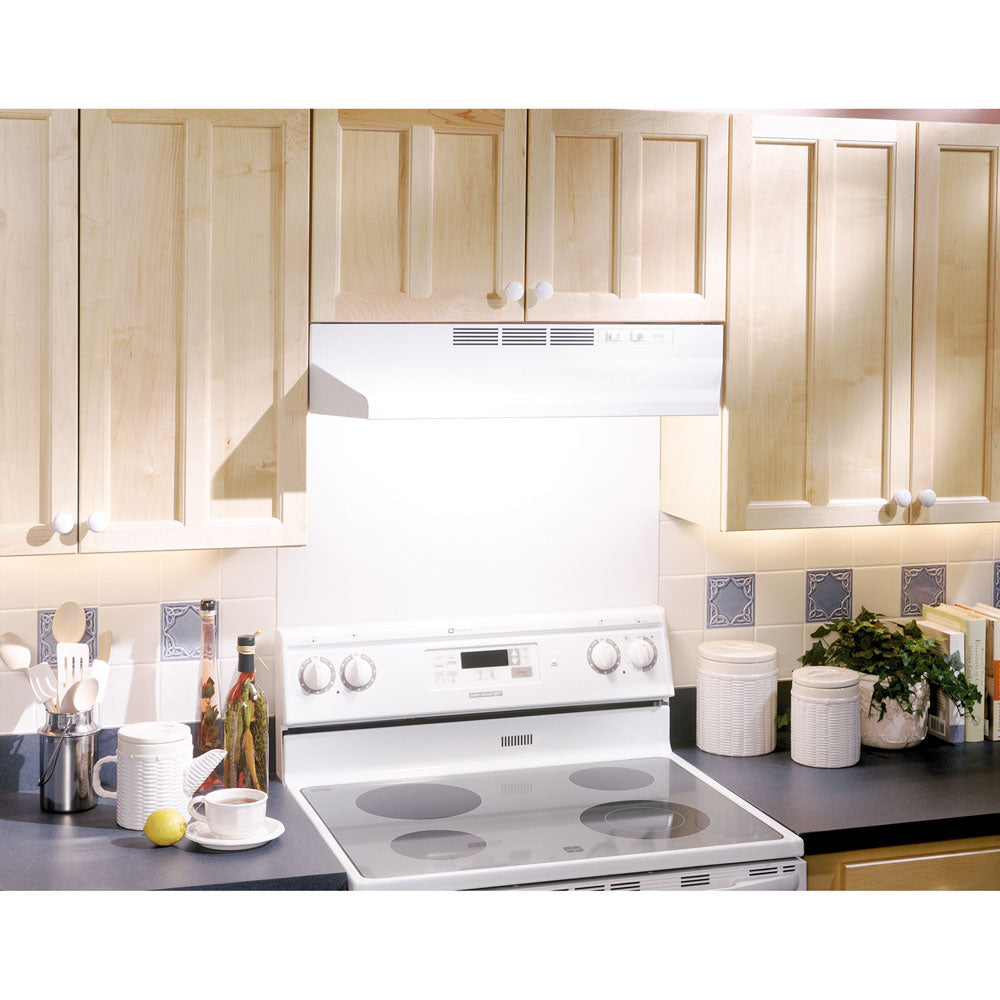 White non-ducted under-cabinet range hood with 2-speed rocker controls and light in kitchen appliances collection