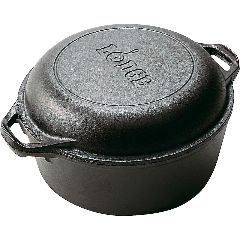 Black cast iron double Dutch oven with lid and side handles for versatile cooking in kitchenware collection under $100