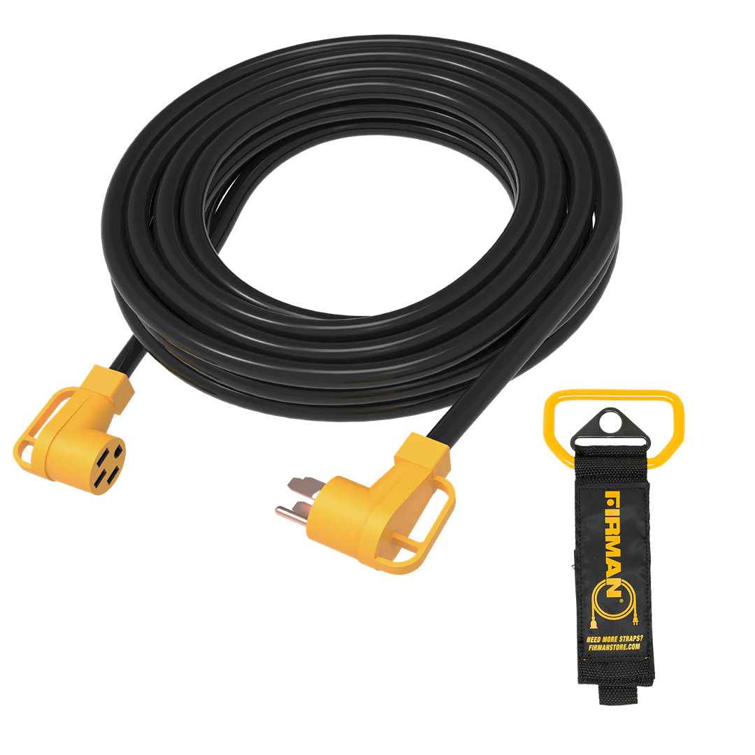 Heavy-duty black extension cord with yellow 14-50 angled plugs and branded strap for tools and home projects