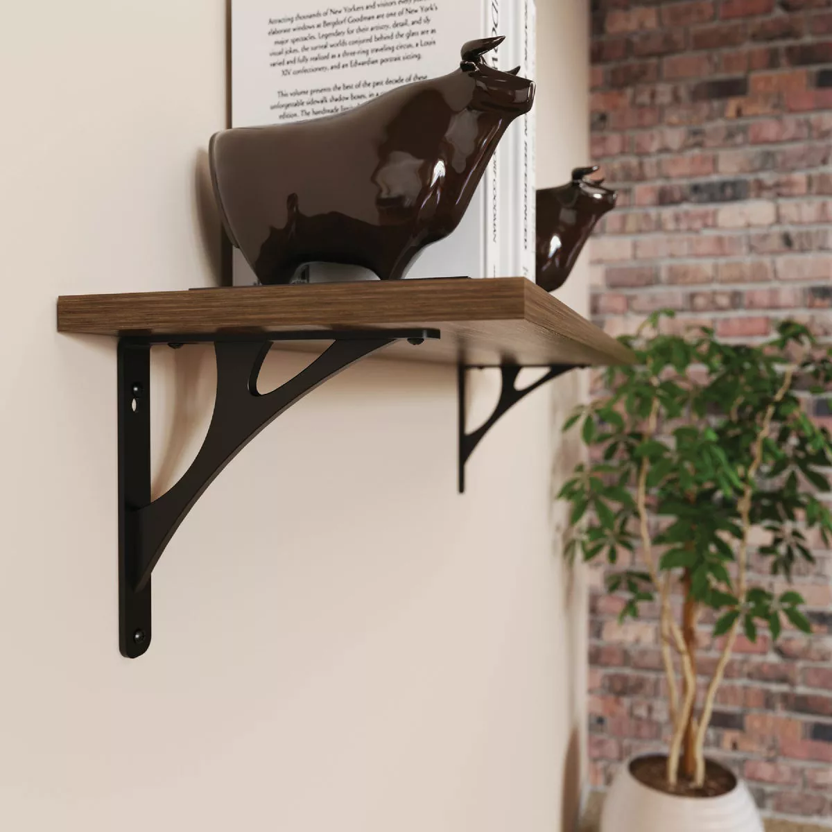 Black decorative metal shelf brackets with curved support holding wooden shelves in shelving and storage hardware collections under $50