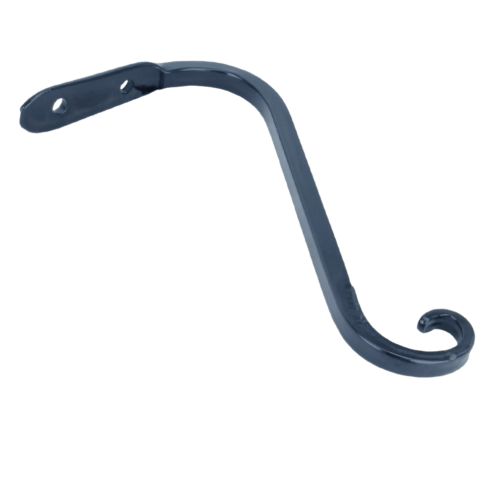 Black powder-coated wrought iron angled bracket for hanging plants and outdoor decor in lawn and garden projects
