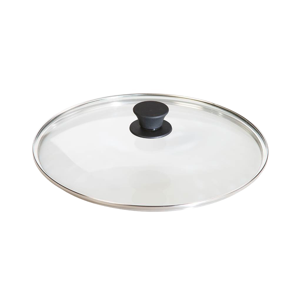Clear round tempered glass lid with stainless steel rim and black knob for kitchenware under $50 collection