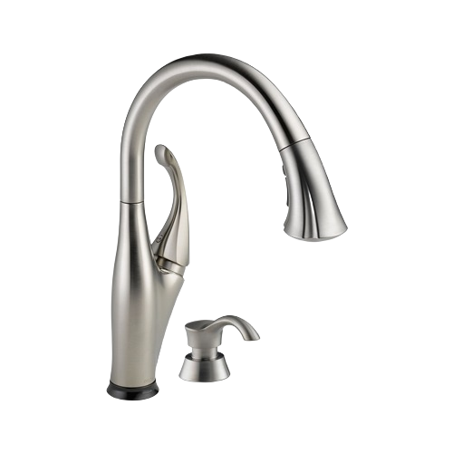 Brushed nickel single handle pull down kitchen faucet with matching soap dispenser for home improvement projects